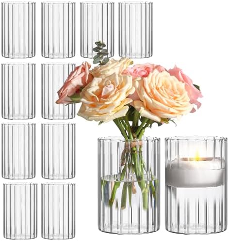 ComSaf Glass Cylinder Vases 12 Pcs 6 Inch Tall, Clear Ribbed Bud Vases by ComSaf