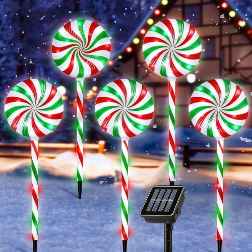 Christmas Solar Lollipop Pathway Lights 5 Pack Outdoor Candy Cane Stake by NAHIYELAS