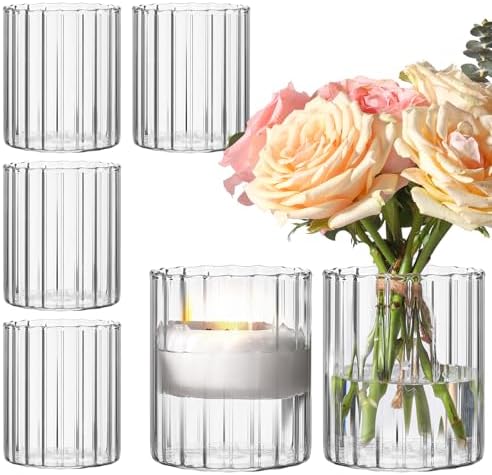 ComSaf Small Glass Cylinder Vases 6 Pcs 3.9 Inch, Clear Ribbed Flower Vases by ComSaf