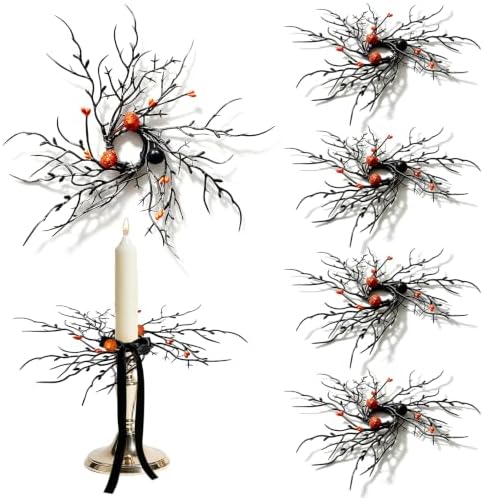 Halloween Candle Rings, Set of 6 Artificial Black Twig Wreath Candle Holder Rings with Orange Black Berries, Mini Twig Candle Rings for Taper Candles, Halloween Table Centerpiece Decor by Unknown