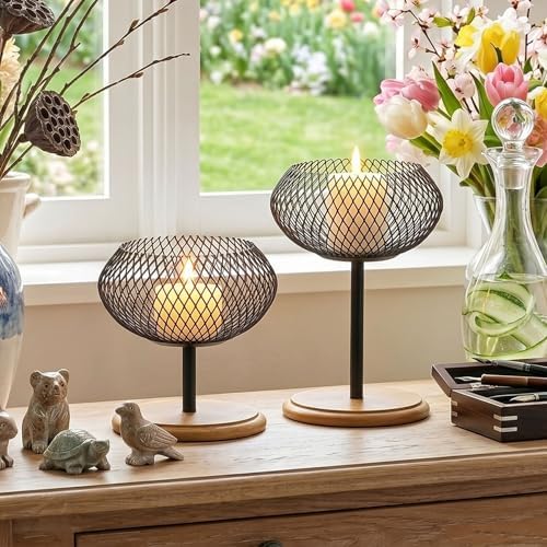 Candle Holder Set of 2, Modern Organic Vintage Black Metal Pillar Candle Holders with Wooden Bamboo Base, Candle Tray Candle Stand for Dining Table Centerpiece Kitchen Mantel Home Office - Image 7