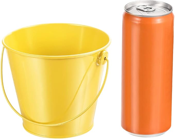 PATIKIL 4.7 Inch Colored Metal Buckets, 4 Pack Pencil Holder Buckets Round Metal Planter Pails Container with Handles for Classroom Crafts, Yellow