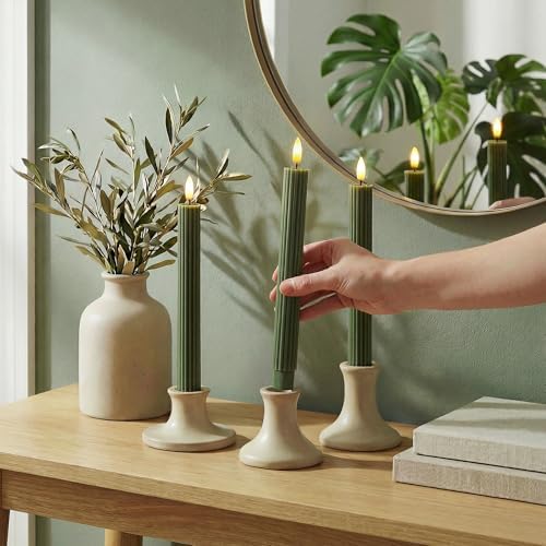 12 Pack, 10" LED Flameless Real Wax Sage Olive Loden Green Fluted Ribbed Grooved Taper Candles, Remote & 24h Timer Memory, On/Off Button, Dimmable, Flicker Mode, Battery Operated, Wedding - Image 6