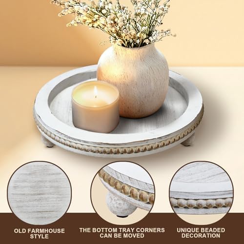 Wood Round Tray for Wooden Coffee Table Decor, Wood Raise Candle Tray Holder Plate,Farmhouse Small Decorative Trays Beade, Rustic Serving Tray for Kitchen Table, Home Decor, Living Room, Retro White - Image 4