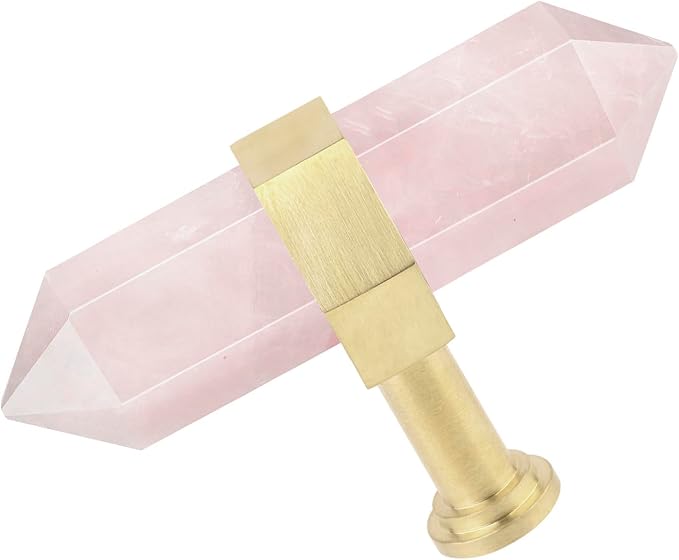 mookaitedecor Set of 2 Rose Quartz Double Crystal Points Drawer Knobs with Screws, Decorative Stone Cabinet Handle Pulls for Dresser Cupboard Kitchen Decor, Brushed Brass