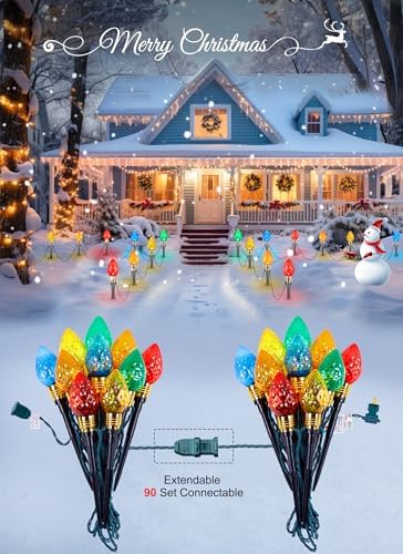Brightown 4 Pack Strawberry C9 Christmas Pathway Lights Outdoor - Total 69.6 Feet 40 LED Christma Walkway Lights,Colored Bulb Christmas Light Outdoor Decorations for Lawn Holiday Outside, Multicolor - Image 3