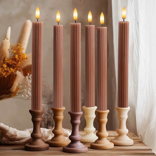 12 Pack, 10" LED Flameless Brown Tan Fluted Ribbed Grooved Taper Candles w/ 2 Remotes & 24h Timer Memory, On/Off Button, Dimmable, Flicker Mode, Battery Operated, Christmas Menorah Wedding by WestIvory
