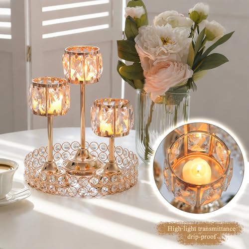 Set of 3 Metal Crystal Candle Holders, 11/9/7 Inch Elegant Tealight Candelabra Centerpiece for Wedding Table Decor, Tiered Home Party Decoration (12, Gold-11+9"+7") - Image 6
