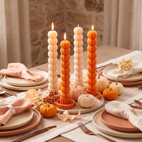 MTLEE 4 Pack Pumpkin Taper Candles Fall Pumpkin Candles,Orange,White - Image 3