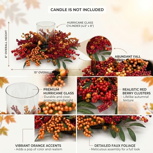 15" Fall Berry Candle Ring Centerpiece with Glass Hurricane Holder - Image 2