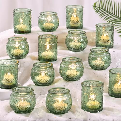 DARJEN 48Pcs Green Votive Candle Holders- Glass Candle Holders Bulk for Flameless LED Tea Waxes, Romantic Candle Holder for Wedding Decor, Various Parties & Dinner Table by DARJEN