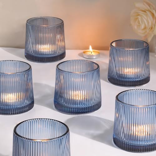DARJEN Blue Ribbed Tealight Votive Candle Holders- 6Pack by DARJEN