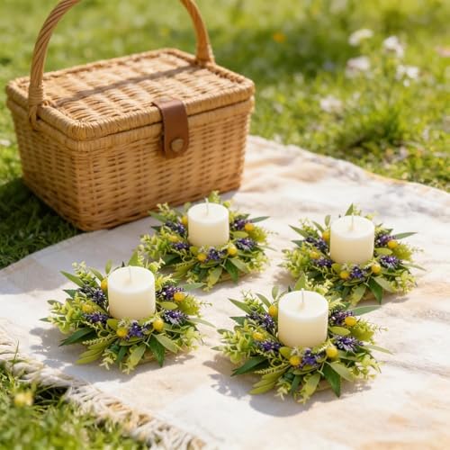 4 PCS Eucalyptus Olive Candle Rings Wreaths Spring Summer Greenery Kitchen Cabinet Wreaths Mini Green Boxwood Leaves Candle Wreath for Pillars Farmhouse Wedding Celebrations Tabletop Decoration - Image 4