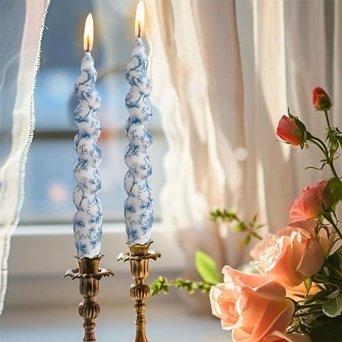 Spiral Candle Sticks Printed Candlestick,Set of 4 Long Taper Candle Colorful Twisted Candlesticks 10 inches Blue Flower Tapered Candles for Home Wedding Women Gifts (2D4T-BLUFLW) - Image 3