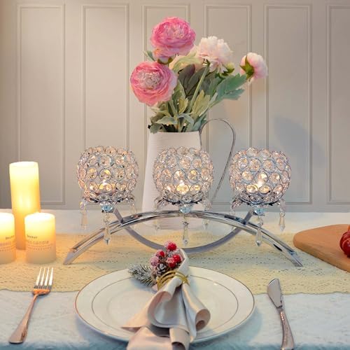 Crystal Tea Light Candlestick Holders Flower Shape with Crystal Pendant Bowl Votive Metal Candle Holder for Table Centerpieces Wedding Home Decor (Silver, 3 arm) - Image 4