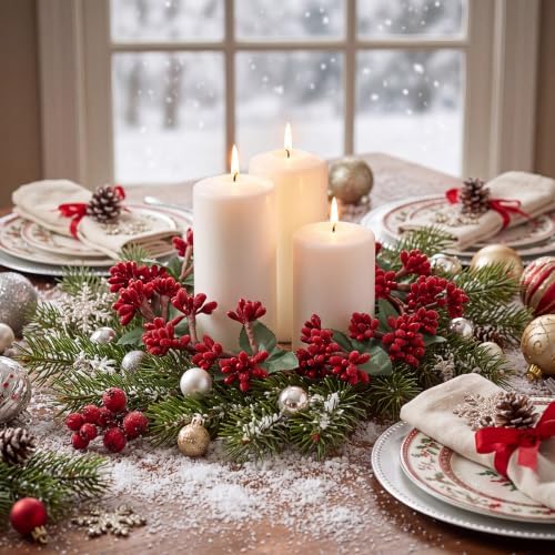 Daifunli 2 Pcs Christmas Red Berry Candle Ring Artificial Winter Red Berry Wreaths Candle-Ring for Pillar 6 Inch Candles Holder for Winter Christmas Country Wedding Kitchen Table Centerpiece Decor by Huiinen