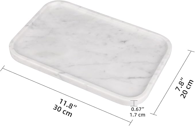 Marble Bathroom Vanity Tray, Natural Marble Home Kitchen Table Tray, Stone Decorative Countertop Serving Organizer for Dresser Coffee Perfume Jewelry Makeup (1, Carrara White L, 12 * 8 * 0.8)