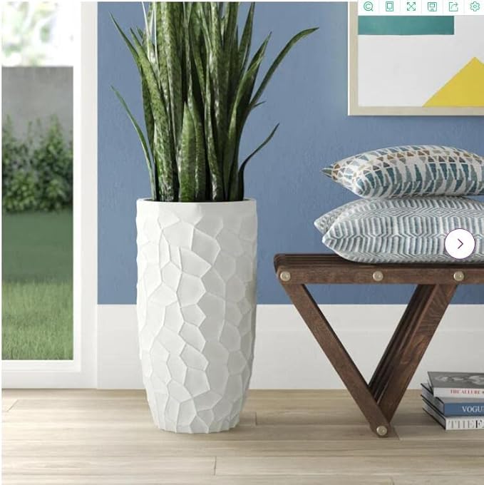 LuxenHome 22" H Concrete Tall Planter, Large Outdoor Indoor Plant Pots with Drainage Hole and Rubber Plug, Modern White Flower Pot for Plants, Geometric Pattern Planter Pots for Home Garden Patio