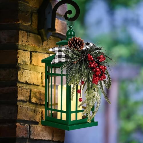 WOKEISE Metal Christmas Vintage Candle Lanterns, Plaid Ribbon Decorative Hanging Lantern for Indoor Outdoor Xmas Porch Decorations Party Gift, Green - Image 5