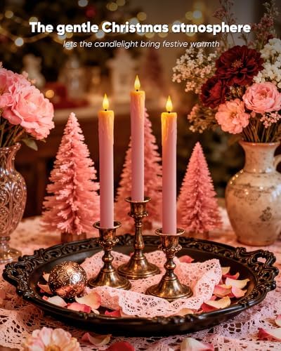 Homemory 3 Pcs Waxy Pink Flameless Taper Candles with Remote Timer, LED Fake Candlesticks, 9.6 Inches Battery Tall Candle with 3D Flickering Flame for Wedding, Dinner, Christmas Anniversary Decor - Image 3