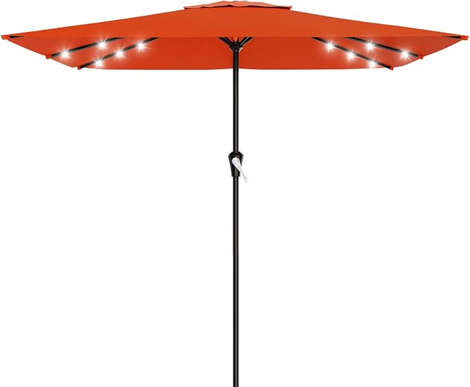 AreShark 8' X 10' Rectangular Patio Umbrella with Solar Lights, Lighted Solar Umbrella with Crank, Outdoor Table Umbrella for Garden, Deck, Backyard, Pool and Beach, Orange