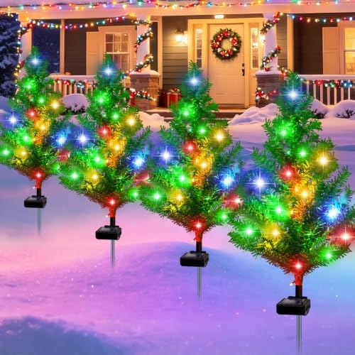 Solar Christmas Decorations Outdoor Decor, 4 Pack Multicolor Christmas Tree Lights, Waterproof Solar Garden Lights for Yard Lawn Pathway Patio, Xmas Holiday Decor by ZFNN