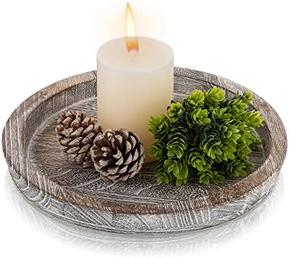 Hanobe Decorative Coffee Table Tray, Round Wood Candle Holder Plate by Hanobe