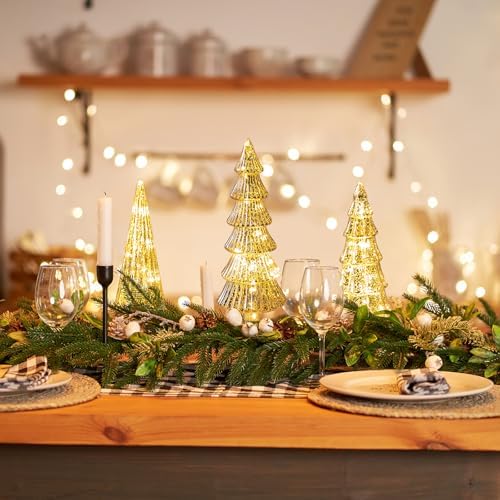 3 Pcs Mercury Glass Christmas Tree Tabletop Christmas Tree with Light,12 in Silver GlassTrees Figurines with LED Lights Figurine for Mantel Centerpieces,Christmas Glass Tree Ornaments (Champagne Gold) - Image 5