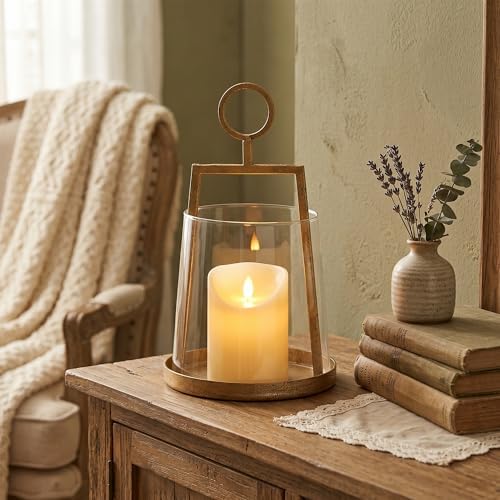 Modern Farmhouse Hurricane Candle Holder, Antique Brass Metal Centerpiece - Image 5