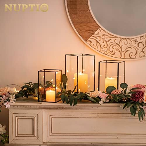 Nuptio Glass Candle Holders Hurricane Holder for Pillar Candles 18 Pcs Black Metal Candle Holders Large Rectangular Candleholder Vase Centerpieces Decoration for Wedding Party 9.5 & 8.1 & 6.5 inch - Image 2