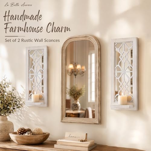 ZEXUIRU 2 Set Rustic Candle Sconces Living Room Bedroom Entryway Wood Mirrored, Farmhouse, Carved Frame Wall-Mount Wooden Candle Holders Wall Decor Hanging Handmade Holder - Distressed White - Image 2