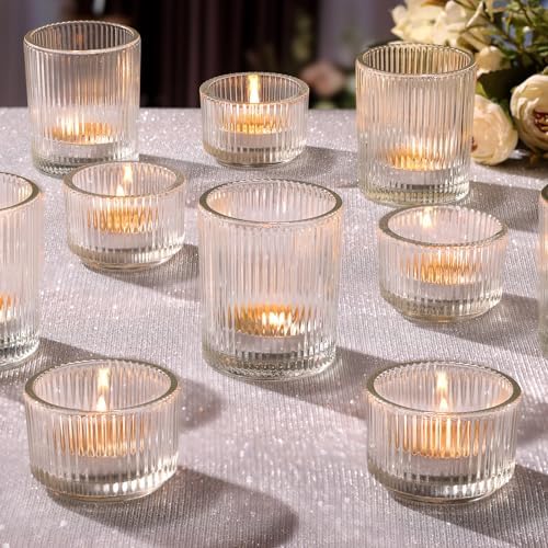 20pcs Assorted Ribbed Clear Votive & Tea Light Candle Holders, Glass Candle Holder for Table Centerpiece, Wedding, Baby Shower, Home and Party Decorations by NITIME