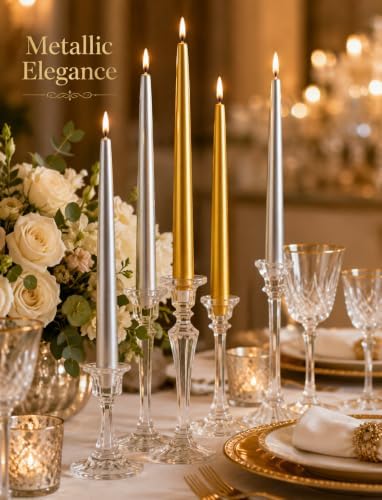 10 Inch Metallic Taper Candles - 6 Gold and 6 Silver, 7-8 Hrs Long Burning, Dripless Smokeless Unscented Candlesticks, Premium Wax Blend for Wedding Christmas Dinner Parties and Luxury Home Decor - Image 5