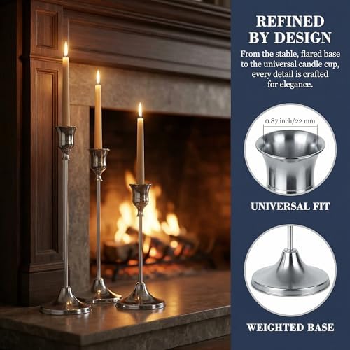 Set of 3 Silver Tapered Candle Holder,Candlestick Tall Metal Candlestick Holders for Table Centerpiece Home Decor for Wedding Fireplace Mantel Housewarming Gift Fits 3/4 Inch Thick Candles - Image 5