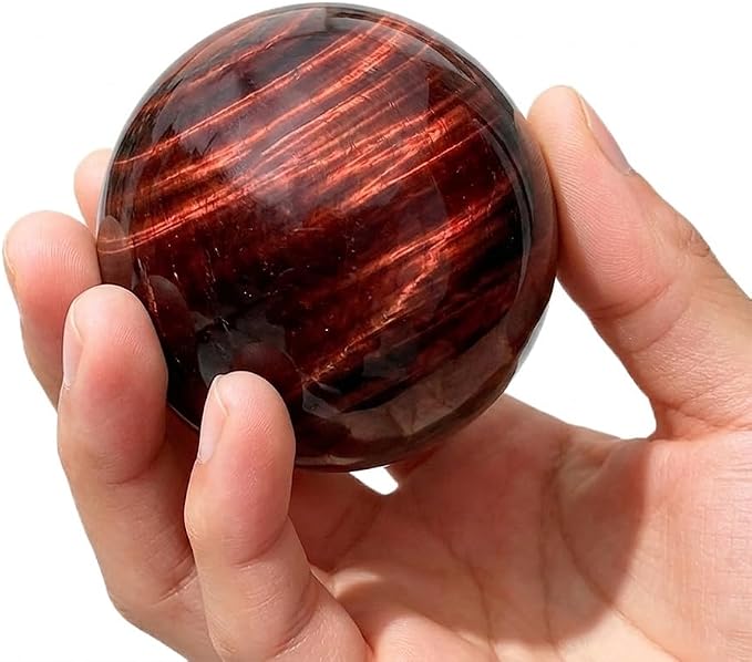 2-2.4 inch Natural Red Tiger Eye Crystal Ball with Stand, Hand Polished Quartz Massage Sphere, Reiki Healing Gemstone Ball, Feng Shui Room Desktop Decorative Rock Ball, Ornament Gift