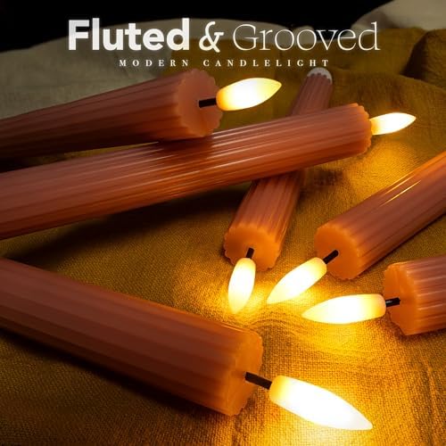 12 Pack, 10" LED Flameless Real Wax Dusty Rose Fluted Ribbed Grooved Taper Candles, Remote & 24h Timer Memory, On/Off Button, Dimmable, Flicker Mode, Battery Operated, Wedding - Image 2