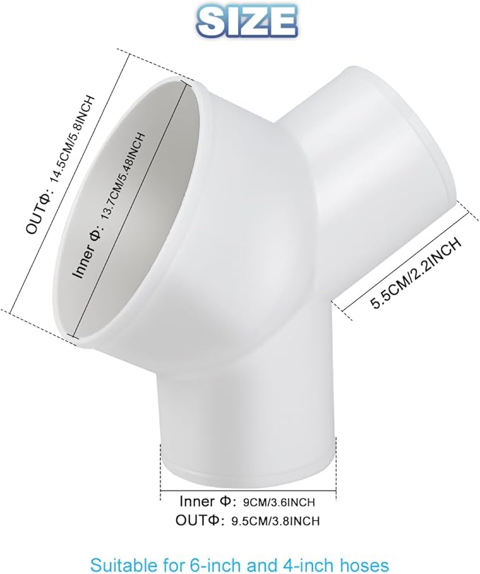 Enenes Duct Splitter Reducer 6-4-4 Inch Duct Connector for Dryer Vent Hose | Duct Splitter Reducer, 3 Way Duct Connector for Exhaust Fan Dryer Vent Hose With 3 Pieces Stainless Steel Hose Clamps