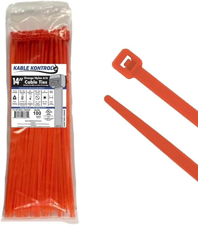Kable Kontrol Orange Zip Ties 14 Inch 100 Pcs, 50 Lbs Tensile Strength, Self-locking Nylon Colored Cable Ties Wire Wraps for Indoor or Outdoor Use