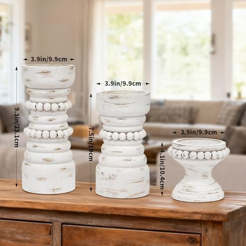 Rustic White Wood Candle Holders Set of 3, Farmhouse Beaded Wood Pillar Candle Holder, Candle Holders for Pillar Candles & Candlesticks, Candle Sticks Holder Decor for Table Centerpiece - Image 4