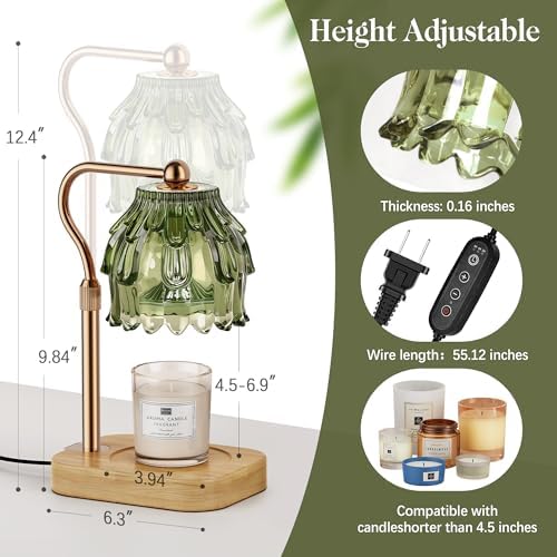Candle Warmer Lamp with Timer Dimmer, Modern Wax Warmer for Scented Wax Jar Candle Warmer with 2 Bulbs, Adjustable Height Glass Lamp for Gifts for Women, Home Decor, Gold Green - Image 5