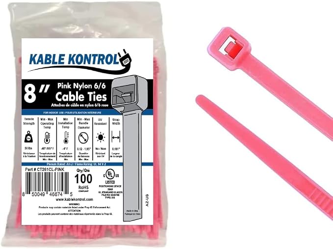 Kable Kontrol Pink Zip Ties 8 Inch 100 Pcs, 50 Lbs Tensile Strength, Self-locking Nylon Colored Cable Ties Wire Wraps for Indoor or Outdoor Use
