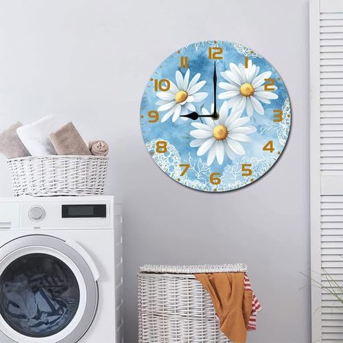 Chamomile Flowers Daisies Wooden Silent Non-Ticking 10 Inch Round Clocks Battery Operated Analog for Living Room Kitchen Bedroom Bathroom Office Home School Decor