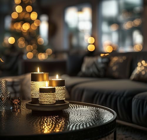 IYARA CRAFT Candleholder Set with Tray, Set of 3 Rustic Black Wooden Tealight Candle Holders with Natural Rope Accent, Coffee Table Centerpiece, Farmhouse Home Decor, Housewarming - Image 2