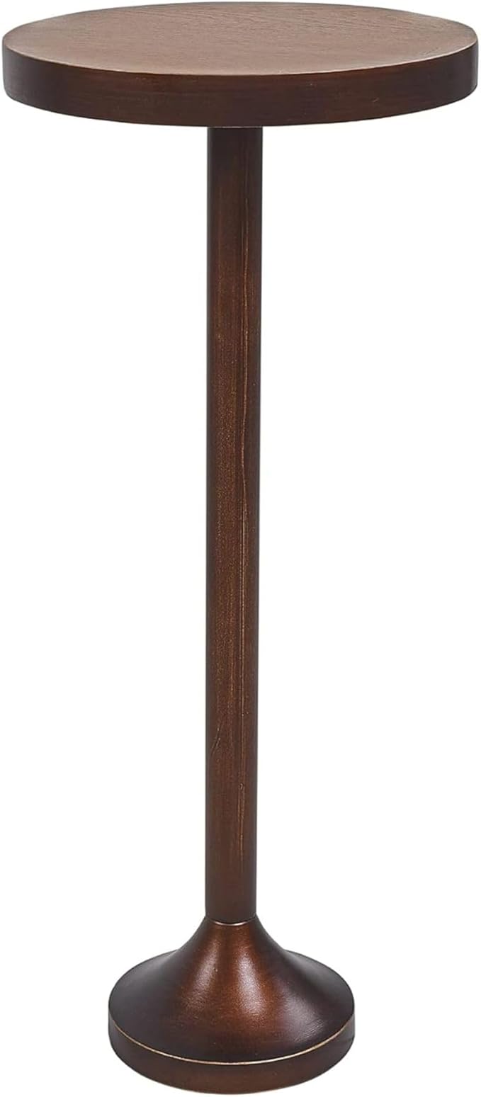 COZAYH Small Pedestal End Table, Living Room Accent Side Table - Display Stand with Wood Top & Distressed Finish Metal Base, Light Espresso
