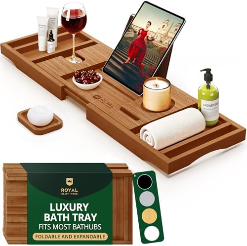 Trending Now Wood Bath Tray – Bathtub Tray for Tub, Expandable Bamboo Bath Tray & Bathtub Caddy with Book Holder, Wine Glass Holder, Phone & Tablet Stand, Spa Bath Accessories, Birthday Gifts for Mom by ROYALCRAFTWOOD