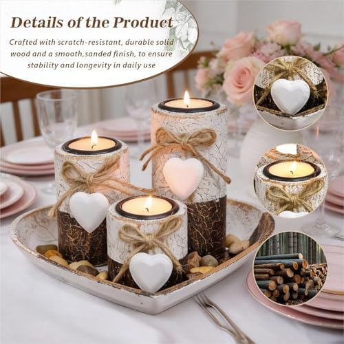 Wooden Tealight Candle Holders with Heart Tray, Rustic Farmhouse Candle Holders for Table Centerpiece Classic and Elegant Tea Light Holder Set for Valentines Day Wedding Anniversary Holiday Home Decor - Image 4