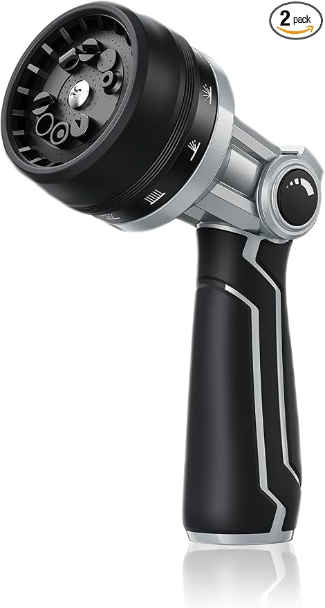 RAINPOINT Full-Metal Garden Hose Nozzle, Heavy Duty Water Hose Nozzle Sprayer With 10 Adjustable Patterns & High Flow,Thumb Control For Flow Adjustment, Ideal For Watering, Washing, Black-2 Pack