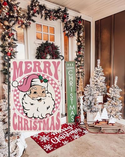 Merry Christmas Garden Flags 12x18 inch Double Sided, Seasonal Xmas Pink Santa Claus Decorations, Small Winter Decor for Yard Outside Outdoor - Image 4