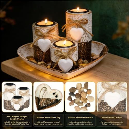 Wooden Tealight Candle Holders with Heart Tray, Rustic Farmhouse Candle Holders for Table Centerpiece Classic and Elegant Tea Light Holder Set for Valentines Day Wedding Anniversary Holiday Home Decor - Image 3