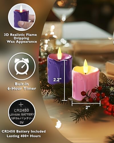 Homemory 2"x 2" Purple & Pink 6 Hour Timer Flameless Votive Candles, 6 Pack - Image 5